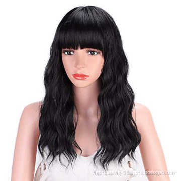 Vigorous Best Selling Wholesale Black Body Wave Middle Long With Neat Bangs Machine Made For Black Women Synthetic Hair Wigs